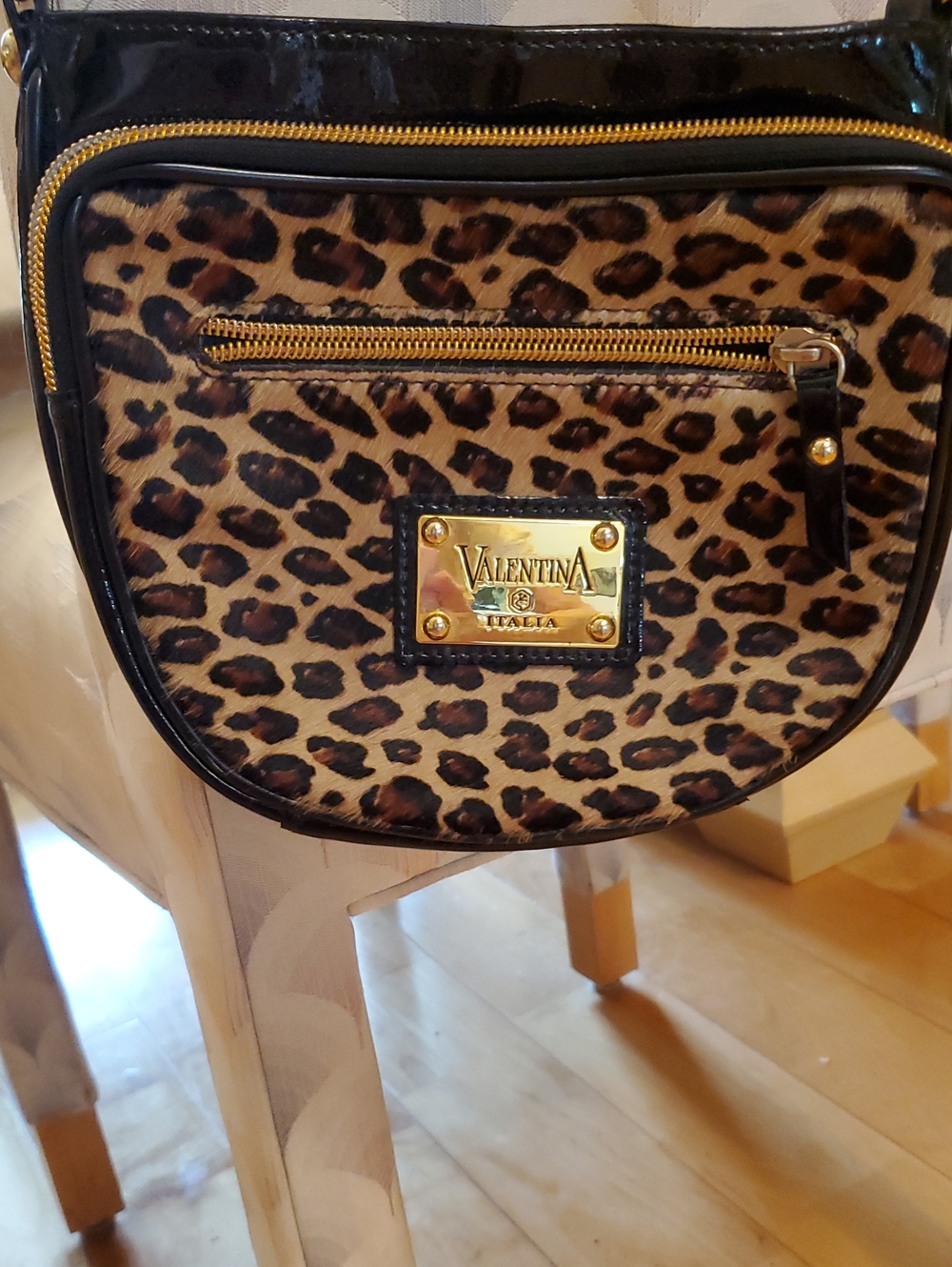 Valentina Calf Hair Leopard Print Crossbody Bag Black Patent Leather